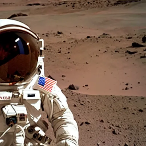 Image similar to perfect photo of carl sagan looking through visor of spacesuit, mars rover in background, detailed face