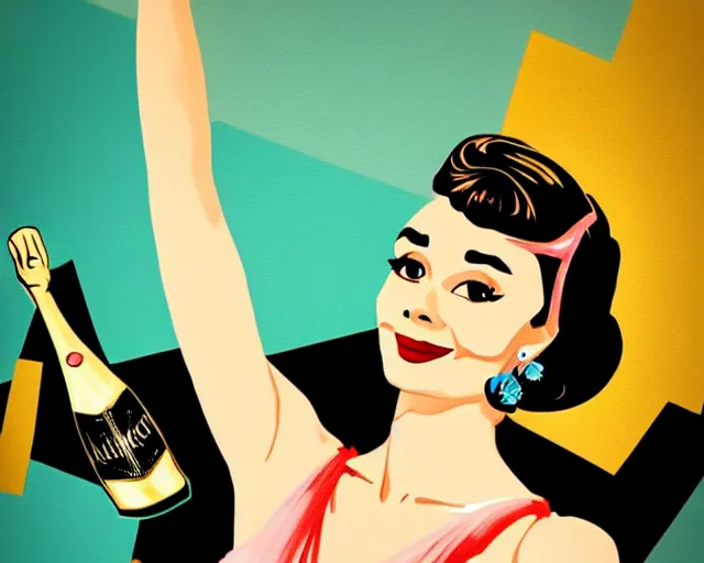 Image similar to teenage audrey hepburn dancing in art deco style, champagne commercial, artstation, illustration, bright, cheerful, detailed and intricate environment