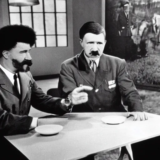 Prompt: bob ross interviewing adolf hitler, photography, germany, tv show,