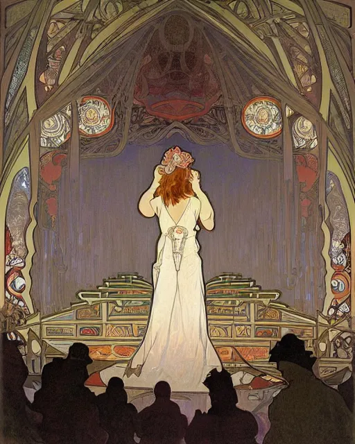 Image similar to painting alphonse mucha, the interior of an opera house, the audience in a dark hall, a singer in a white dress on a lighted stage with an orchestra, soft cinematic lighting, a palette of pastel colors