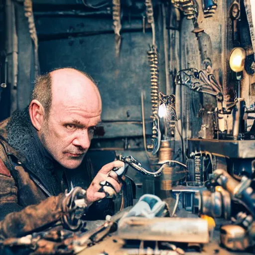 Image similar to balding older cyborg using jeweller's loupe with orange led light, inspecting complex gun made from rusted metal kitchen utensils, smoking soldering iron, dark messy cluttered workshop, highly detailed, sci - fi, futuristic, movie still from blade runner