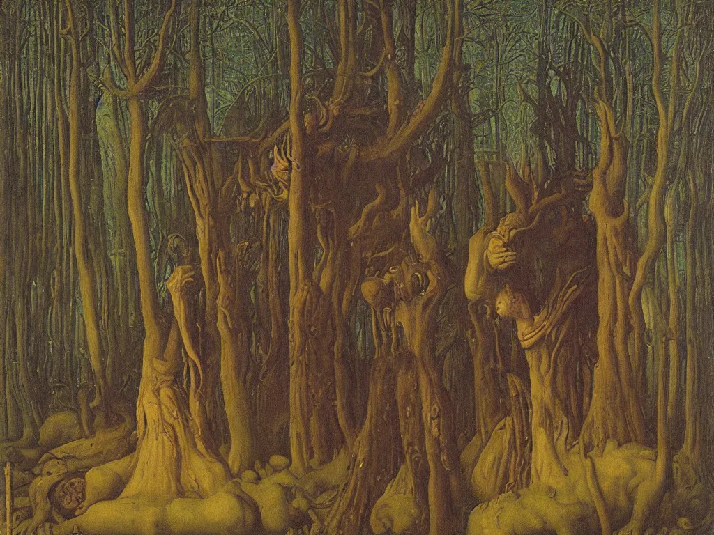 Image similar to Portrait of melancholic non gendered person coming from the future in spiked cloth. Background with the giant totemic forest. Sleepless night. Painting by Jan van Eyck, Rene Magritte, Jean Delville, Max Ernst, Maria Sybilla Merian