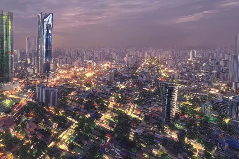 Prompt: 3 d rendering of the city of jakarta rendered with an unreal engine 5, the image is refined with uhd, yellowish light, and also its beauty is like the real world