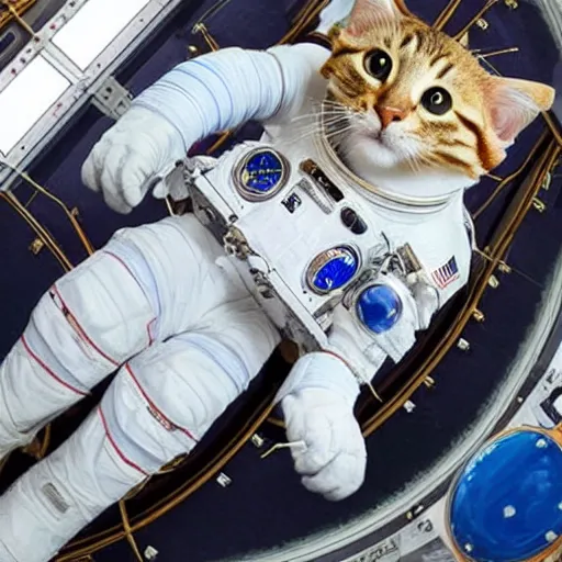 Prompt: astronaut cat should look like real in the space station