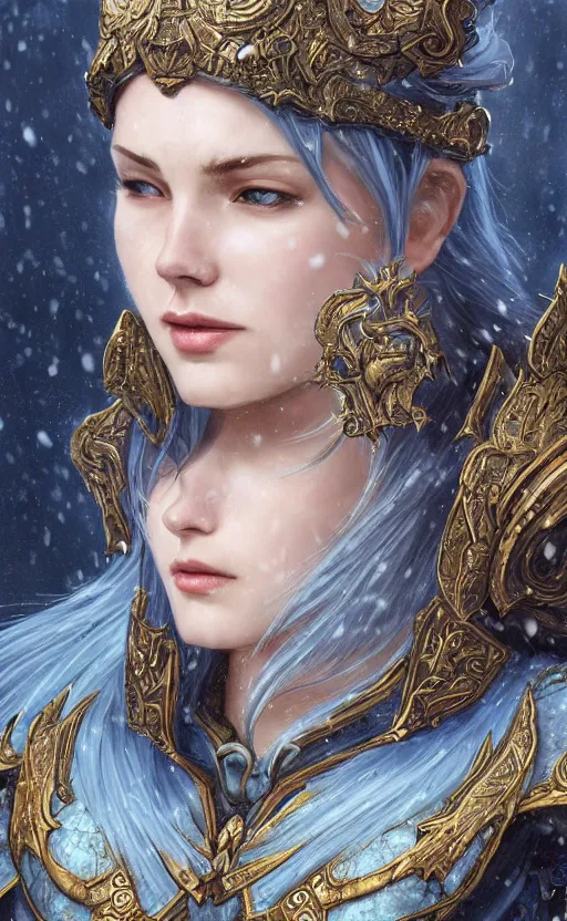 Image similar to azure viking warrior, regal, elegant, winter, snow, beautiful, stunning, hd, illustration, epic, d & d, fantasy, intricate, elegant, highly detailed, wide angle, digital painting, artstation, concept art, smooth, sharp focus, illustration, wallpaper, art by artgerm and greg rutkowski and alphonse mucha and jin xiaodi