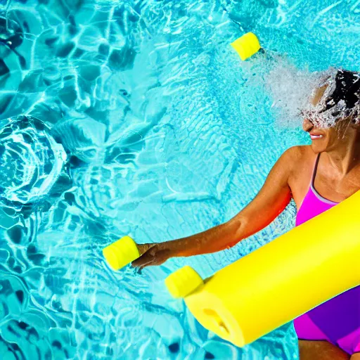 Prompt: a woman swimming surrounded by 1 0 pool noodles pointing away from her