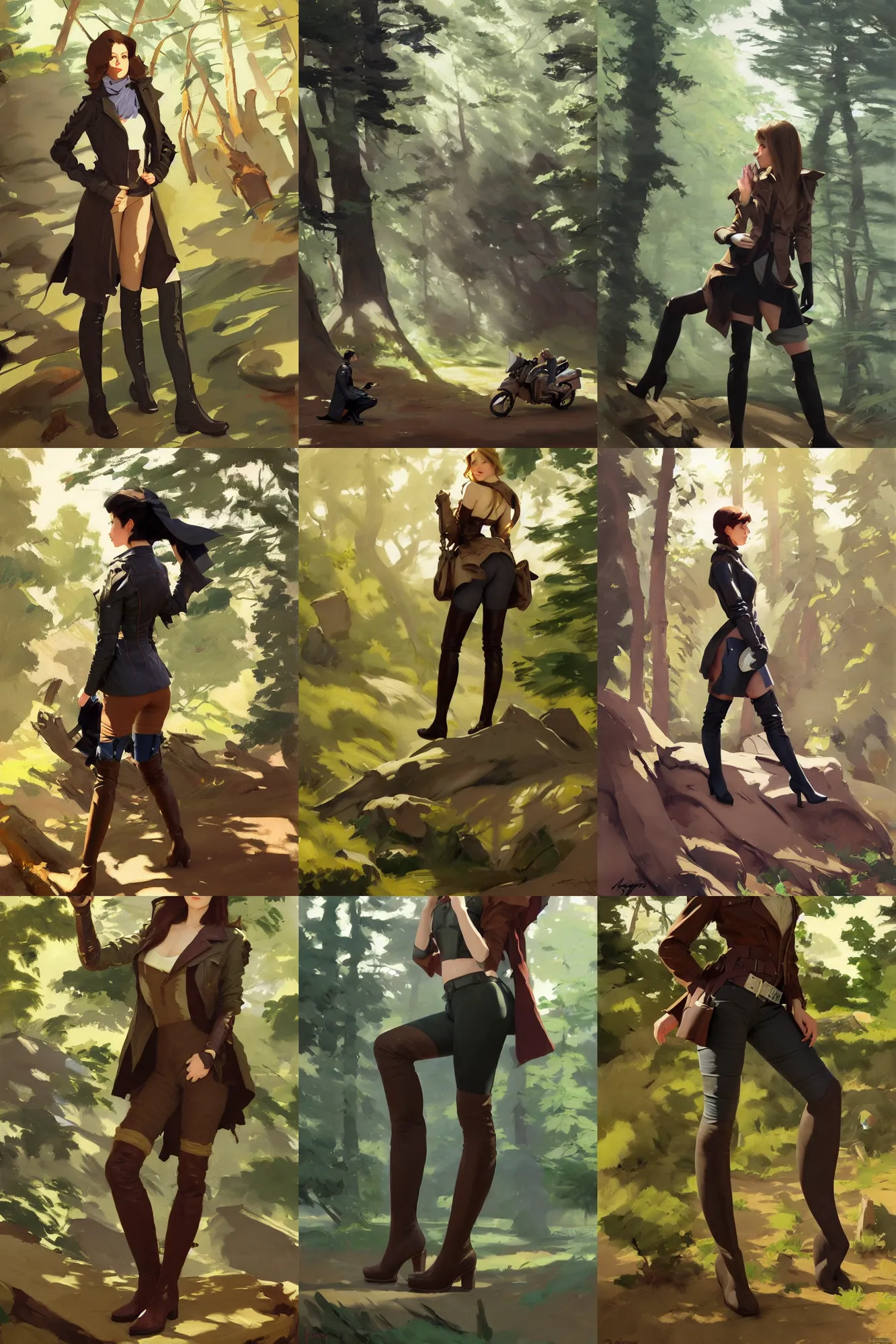 Prompt: cloth fabric jodhpurs knee high boots leather jacket, camping in forest greg manchess painting by sargent and leyendecker, studio ghibli, fantasy, medium shot, asymmetrical, intricate, elegant, matte painting, illustration, hearthstone, by greg rutkowski, by greg tocchini, by james gilleard, by joe fenton