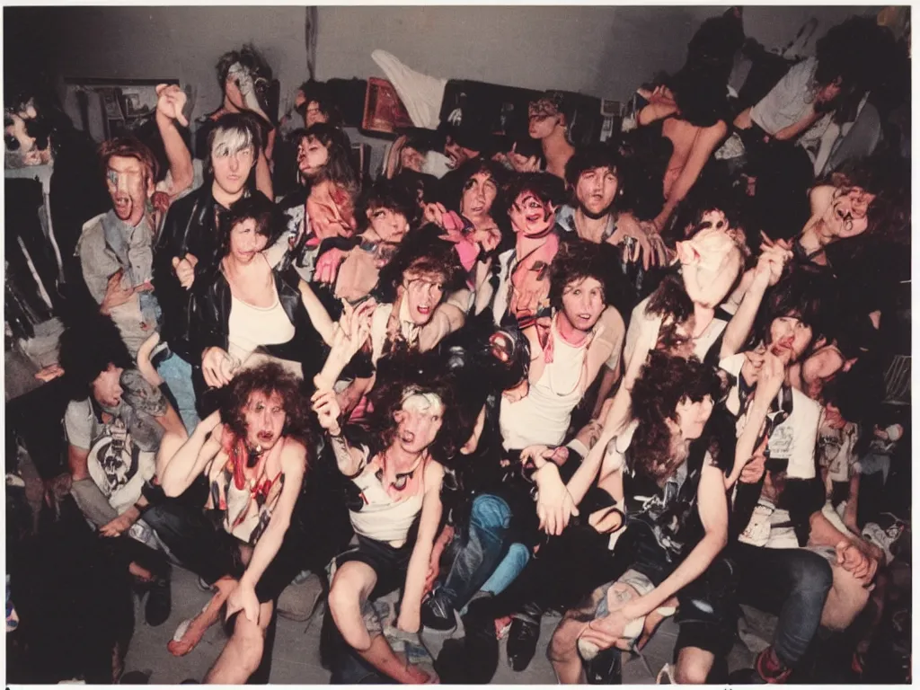 Image similar to 1980s polaroid colour flash photograph of a punk party in an apartment