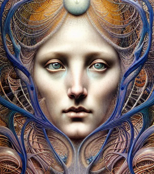 Image similar to detailed realistic beautiful opalescent goddess face portrait by jean delville, gustave dore, iris van herpen and marco mazzoni, art forms of nature by ernst haeckel, art nouveau, symbolist, visionary, gothic, neo - gothic, pre - raphaelite, fractal lace, intricate alien botanicals, biodiversity, surreality, hyperdetailed ultrasharp octane render