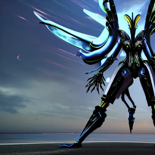 Image similar to looking up at a highly detailed 300 foot tall giant exquisite beautiful stunning valkyr female warframe, as an anthropomorphic robot dragon, posing elegantly over your tiny form, detailed legs looming over you, camera on the ground, at the beach on a sunset, sleek streamlined design, streamlined matte black armor, sharp detailed claws, detailed sharp robot dragon feet, worms eye view, giantess shot, upward shot, ground view shot, leg shot, front shot, epic cinematic shot, high quality warframe fanart, captura, realistic, professional digital art, high end digital art, furry art, giantess art, anthro art, DeviantArt, artstation, Furaffinity, 8k HD render, epic lighting