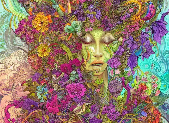 Image similar to a painting of a beautiful alien creature with a lot of flowers and plants on its head, poster art by android jones, behance contest winner, generative line art, made of flowers, grotesque, concert poster