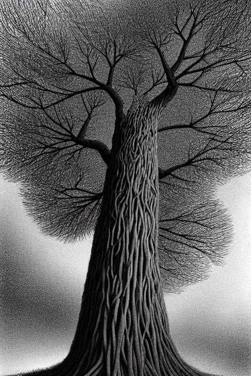 Prompt: a pompom tree with a very very very very tall!! trunk and no branches, viewed from below, digital illustration by chris van allsburg and artgerm, surreal, photorealistic