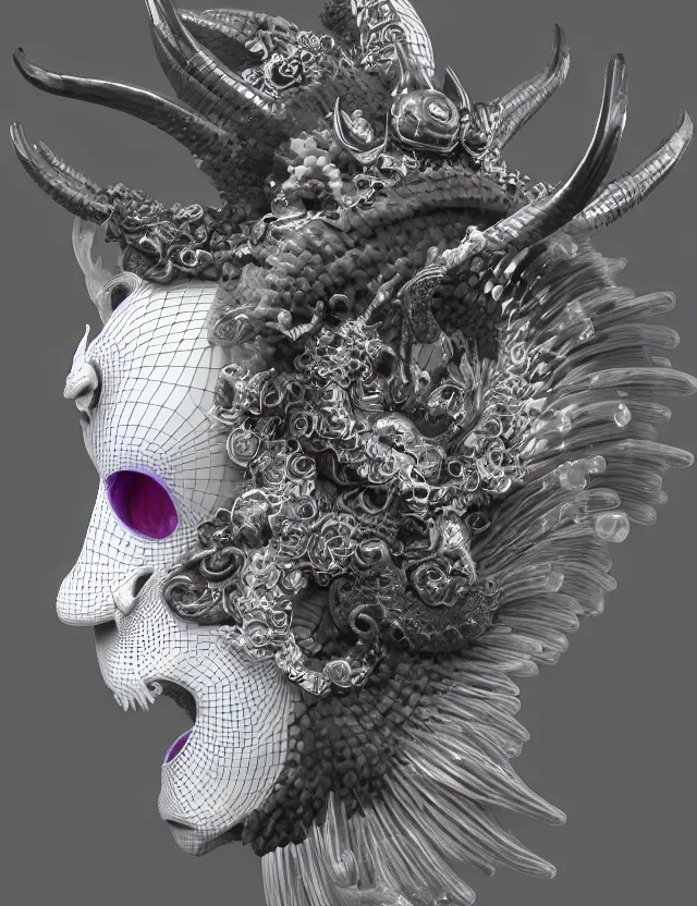 Image similar to 3 d goddess close - up profile satan biohazard portrait with crown, ram skull. beautiful intricately detailed japanese crow kitsune mask and clasical japanese kimono. betta fish, jellyfish phoenix, bio luminescent, plasma, ice, water, wind, creature, artwork by tooth wu and wlop and beeple and greg rutkowski