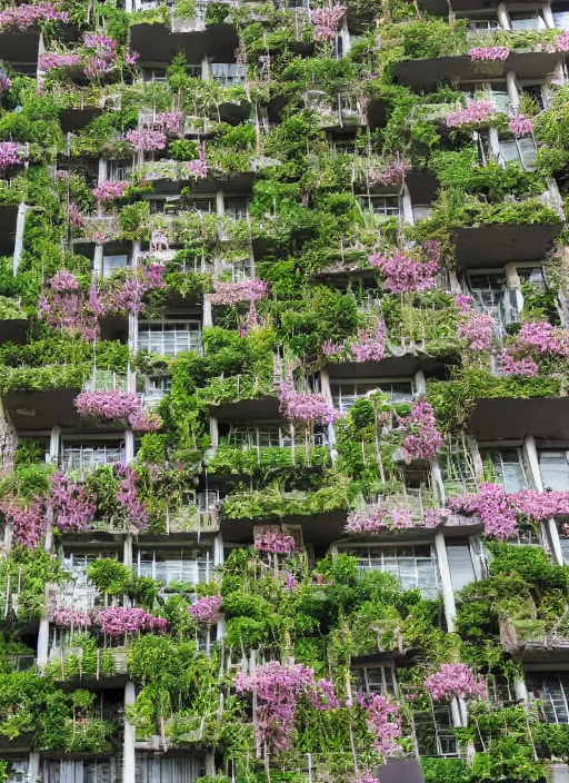 Image similar to brutalist garden city covered in vines and flowers by Denys Lasdun