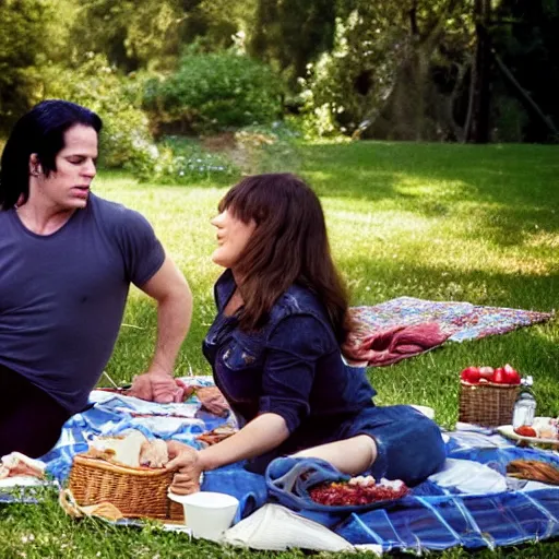 Image similar to glenn danzig and henry rolling enjoying romantic picnic, beautiful day, high resolution,