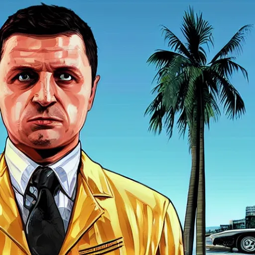 Image similar to “Volodymyr Zelensky in GTA V, cover art by Stephen Bliss, Boxart, loadscreen”