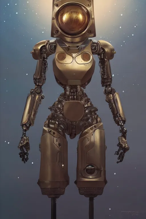 Image similar to portrait of a robot with a bronze armor, landing on the moon, highly detailed, digital painting, artstation, concept art, sharp focus, illustration, art by WLOP and tian zi and alphonse mucha