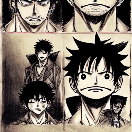 Prompt: [ luffy mustache ] ( by kim jung gi ) ( by kentaro miura ) ( by takao saito )