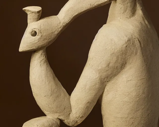 Prompt: an ancient effigy of an anthromorphic bird, clay sculpture, cubism, photograph