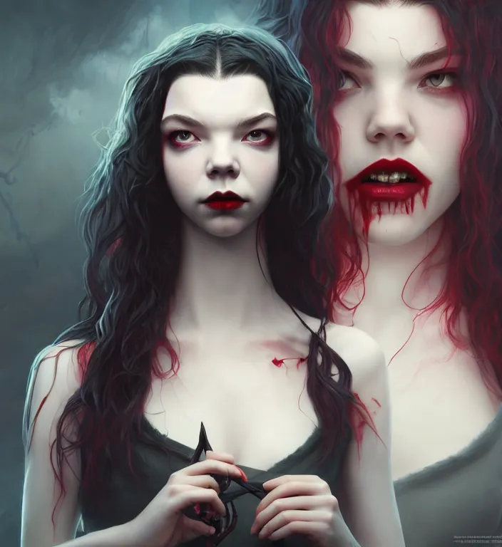 Prompt: anya taylor - joy vampire queen, hyper detailed, digital art, trending in artstation, cinematic lighting, studio quality, smooth render, artgerm, joshua middleton, rafael albuquerque, unreal engine 5 rendered, octane rendered, art style by klimt and nixeu and ian sprigger and wlop and krenz cushart