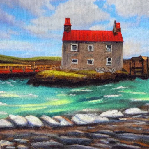 Prompt: old Scotland distillery in the seashore, oil painting style,