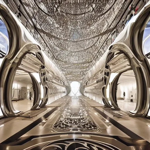 Image similar to Mars research facility designed by Zaha Hadid with baroque elements. Ultra futuristic design that combines ornate baroque with clean organic minimalist forms.. Beautiful space with epic details