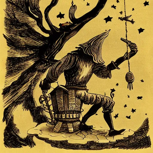 Prompt: baba yaga flying in a mortar through the night sky