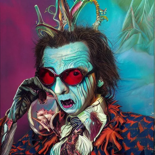 Image similar to Fear and Loathing Vampire in Wonderland, a psychedelic horror fantasy portrait by Wayne Barlowe and Artgerm, vivid color, album cover,