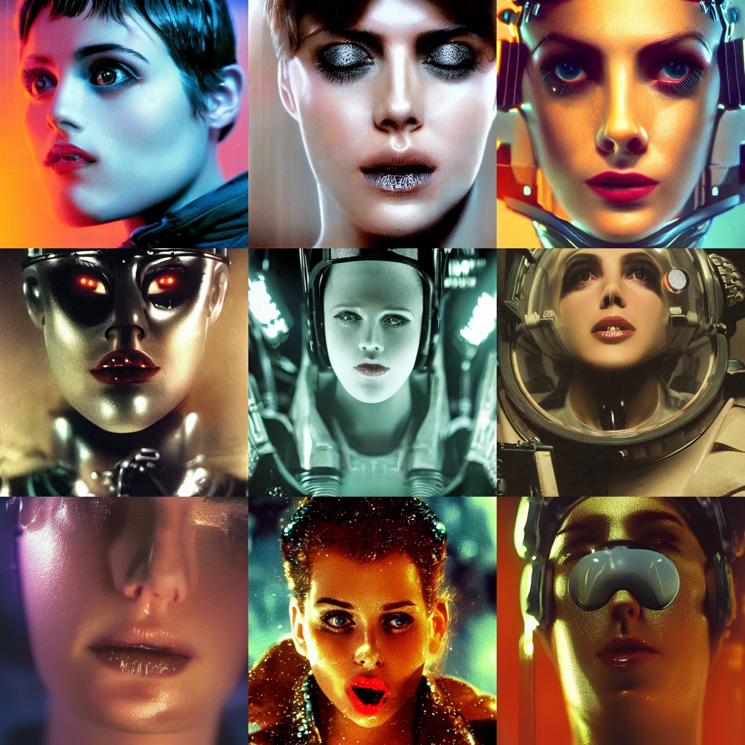 Prompt: beautiful extreme closeup portrait photo in style of 1990s frontiers in retrofuturism deep diving helmet fashion magazine blade runner edition, highly detailed, focus on open mouth, soft lighting