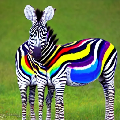 Prompt: two zebras with rainbow colored stripes