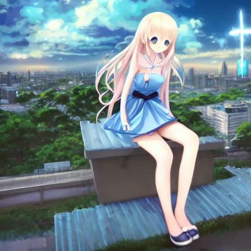 Image similar to a very beautiful anime girl, full body, long wavy blond hair, sky blue eyes, full round face, short smile, cute top, miniskirt, sitting on a miniature city, cinematic lightning, medium shot, mid-shot, highly detailed, trending on Artstation, Unreal Engine 4k, cinematic wallpaper by Stanley Artgerm Lau, WLOP, Rossdraws, James Jean, Andrei Riabovitchev, Marc Simonetti, and Sakimichan