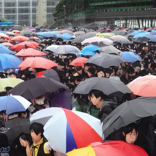 Prompt: Comiket is held during a typhoon, realistic, detailed, dramatic