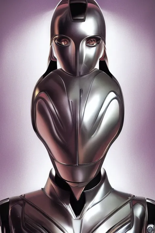 Prompt: retro-futuristic female android in chrome armour, facial portrait, rim light, ornate pattern, painting by vincent di fate, artgerm julie bell beeple, Smooth gradients, High contrast, depth of field, very coherent symmetrical artwork