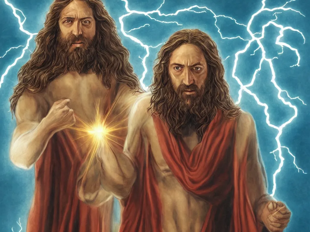 Prompt: jesus christ as a superhero with long hair and white eyes floating above the water shooting lightning out of his hands, drawn by alan moore, graphic novel, symmetrical, frontal, full body shot,