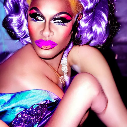 Prompt: realistic photoshoot of a nightlife personality in a club color film photography, portrait of a beautiful drag queen, photo in style of tyler mitchell 3 5 mm zeiss lens sharp