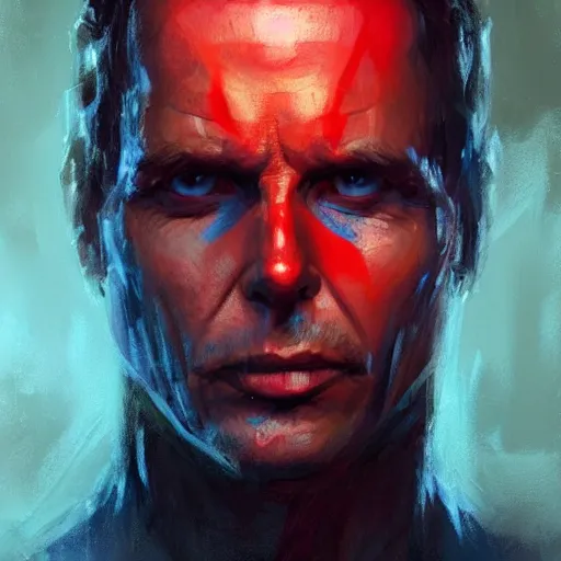 Image similar to portrait of superhero by greg rutkowski, michael biehn wearing a blue and red kevlar gear, highly detailed portrait, digital painting, artstation, concept art, smooth, sharp foccus ilustration, artstation hq