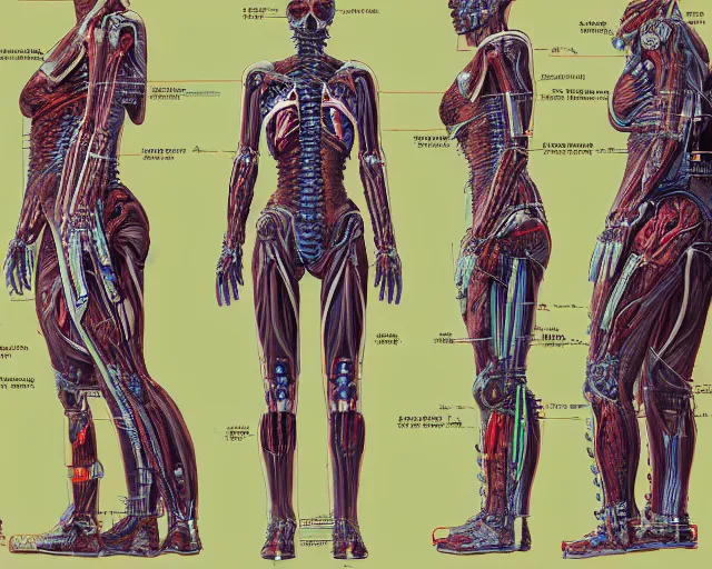 Prompt: female cyberpunk android, highly detailed labeled medical anatomy poster anatomical drawing, high resolution