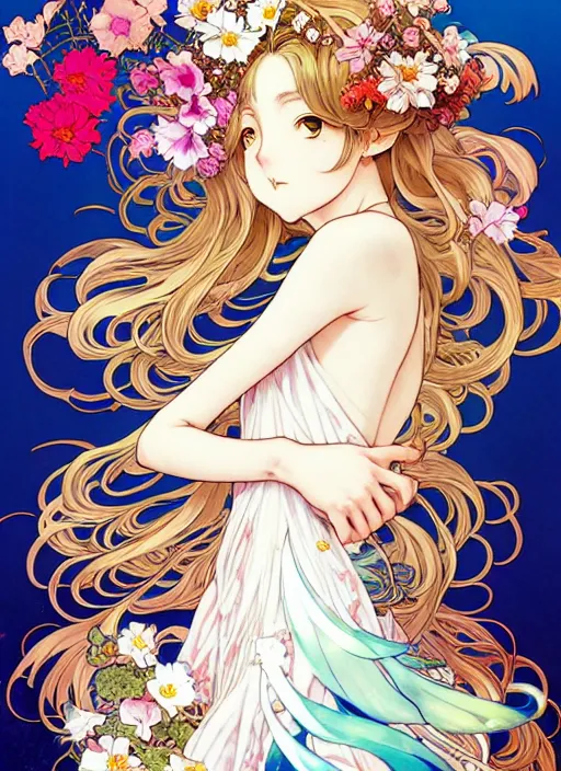 Image similar to exquisite imaginative manga poster art of cat girl, long wavy hair, flowers, rococo dress, pearlescent, shimmering, by kojima ayami, shigenori soejima, takeshi obata, alphonse mucha, jump comics, shogakukan, art nouveau, illustration, artstation, highly detailed, 8 k, colorful, maximalist