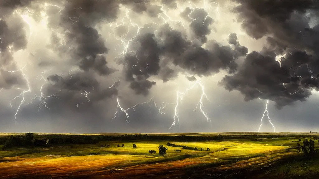 Image similar to the most beautiful panoramic landscape, oil painting, rain on a farm, menacing clouds, night, lightning, cinematic lighting, highly detailed, very realistic