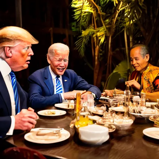 Image similar to Trump and Biden having dinner at a fancy Balinese restaurant, award winning photography, 85mm, perfect faces