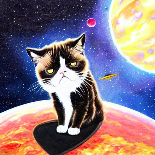 Prompt: A grumpy cat sitting on the top of planet earth in space, oil painting