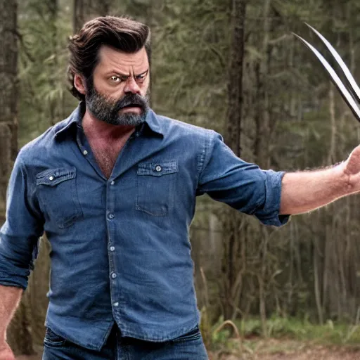 Image similar to logan wolverine with claws off his wrist as nick offerman, photorealistic mervel movie still, detailed, 8 k