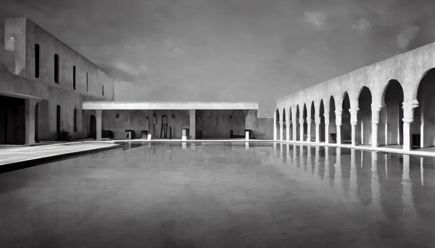 Image similar to symmetrical establishing shot of The unsettling courtyard of a monochrome modernist hotel designed by Luis Barragán, An empty swimming pool in the foreground. Walls are made of highly ornamented vaults arabesque arches Single point perspective photographed by Wes Anderson and Andreas Gursky. Cinematic, dramatic lighting, moody, eerie, illustration, uncanny, creepy Sigma 75mm, very detailed, golden hour, Symmetrical, centered, intricate, Dynamic Range, HDR,