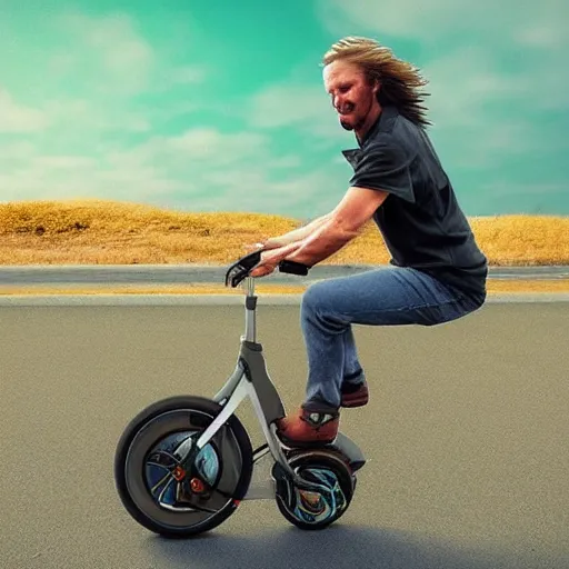 Prompt: “ man with mullet riding electric unicycle, digital art, 8 k ”