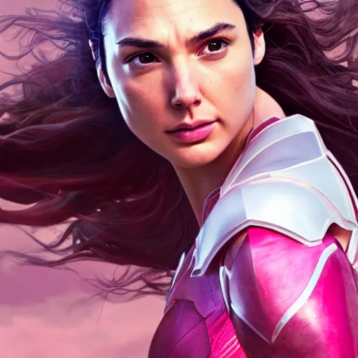 Image similar to gal gadot as the pink power ranger in the style of makoto shinkai zhaoming wu, john collier, albert aublet, cedric peyravernay. sharp focus, semi - realism, intricate detail. unreal engine, octane rendering