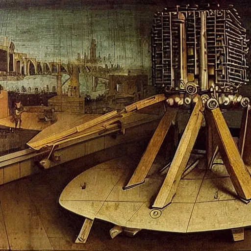 Prompt: painting of leonardo davinci building fusion reactor prototype by using wood and metal plates in italy at year 1 4 7 8.