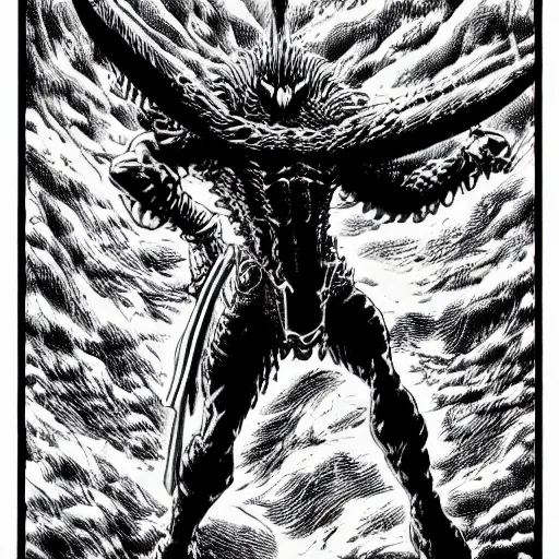 Image similar to Shrike from Hyperion by Kentaro Miura, highly detailed, black and white