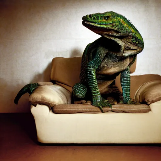 Image similar to humanoid reptile sitting on a couch, National Geographic photo, coherent like Dall-E 2