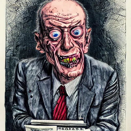 Image similar to Jacob Rothschild full body shot, dollar bills Body horror, biopunk, by Ralph Steadman, Francis Bacon, Hunter S Thompson