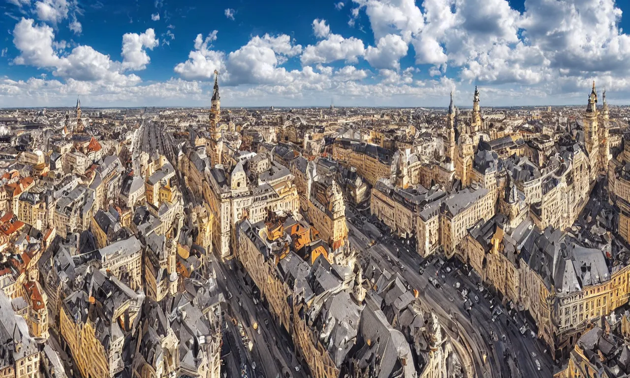 Image similar to highly detailed, intricate stunning image of an ornate baroque city landscape poking through the clouds into the bright blue sky : : 6, looking down from a balcony high up a tower : : 1 0, surrounded by higer baroque castle towers